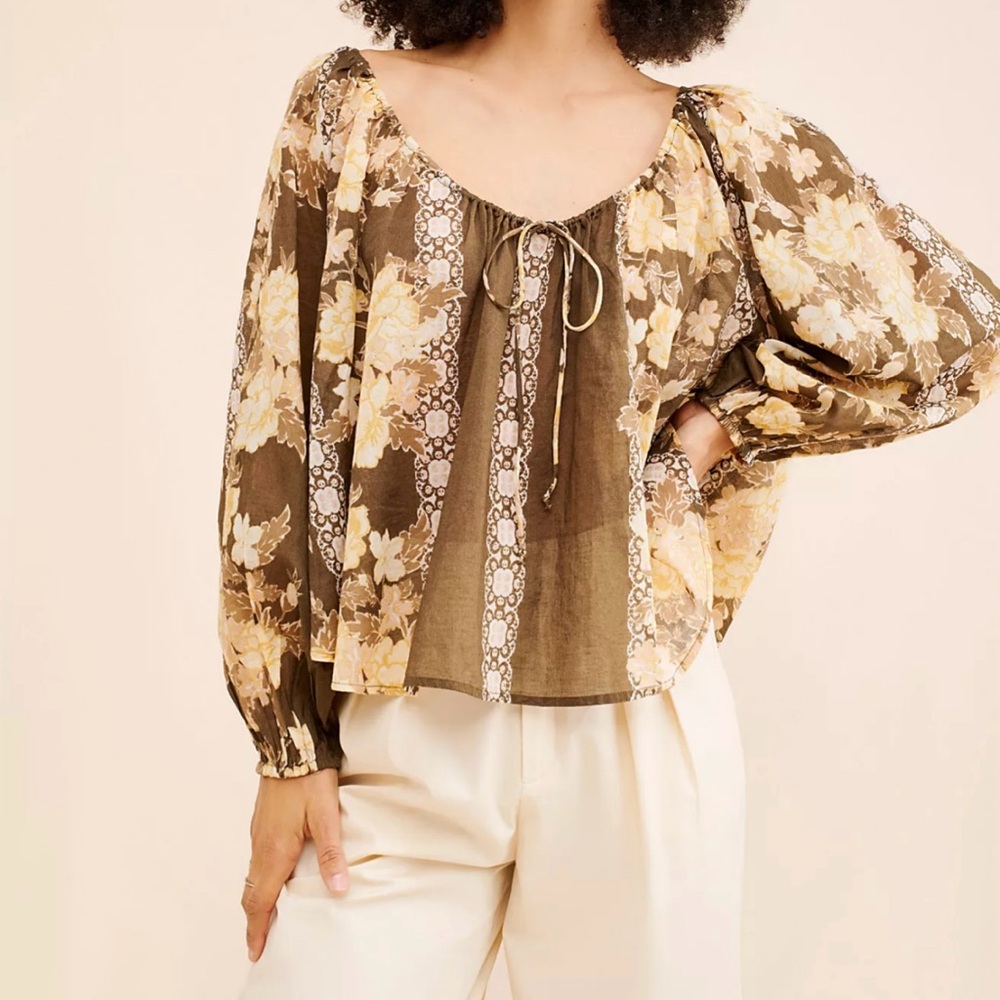 Free People Elena Billowy Top Womens Sz. XS Brown Cottagecore Boho